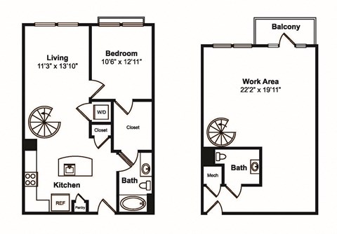 Floor plan for 1 bed, 1.5 baths, 1564 sqft